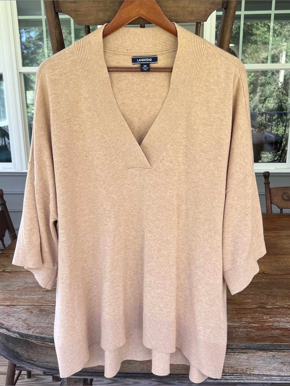 Lands End Plus Size 2X Cashmere Blend Tan VNeck Short Sleeve Poncho Sweater Boho